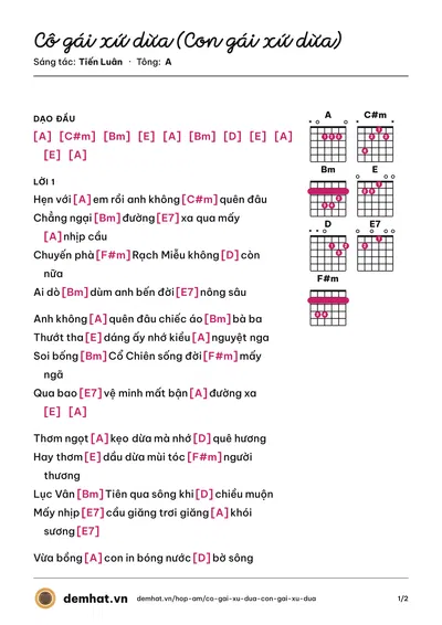 Hợp âm Cô gái xứ dừa (Con gái xứ dừa) (Phương Lan) – bản nhạc PDF trang 1, tông A