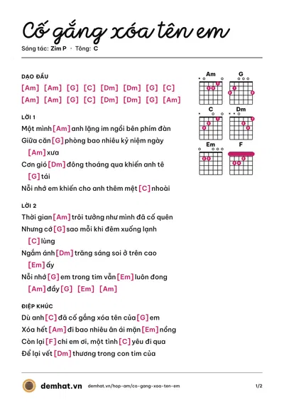 Hợp âm Cố gắng xóa tên em (Zim P) – bản nhạc PDF trang 1, tông C