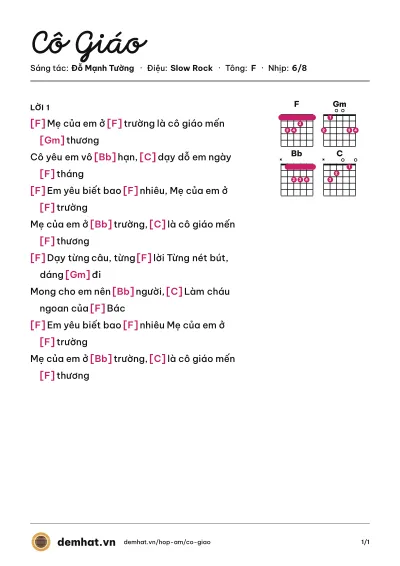Hợp âm Cô Giáo (Xuân Mai) – bản nhạc PDF trang 1, tông F