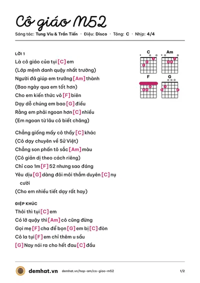 Hợp âm Cô giáo M52 (Quân Keyboard) – bản nhạc PDF trang 1, tông C