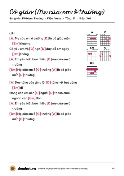 Hợp âm Cô giáo (Mẹ của em ở trường) (Xuân Mai) – bản nhạc PDF trang 1, tông D