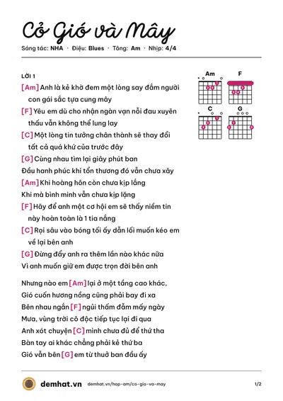 Hợp âm Cỏ Gió và Mây (NHA) – bản nhạc PDF trang 1, tông Am