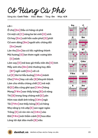 Hợp âm Cô Hàng Cà Phê (Cao Minh) – bản nhạc PDF trang 1, tông Em