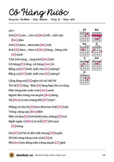 Hợp âm Cô Hàng Nước (Trần Thái Hòa) – bản nhạc PDF trang 1, tông G