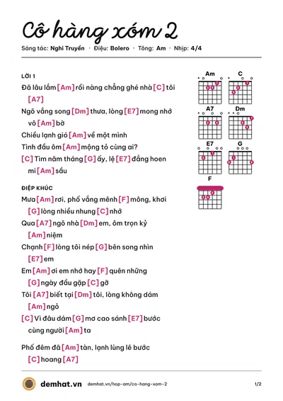 Hợp âm Cô hàng xóm 2 (Nghi Truyền) – bản nhạc PDF trang 1, tông Am