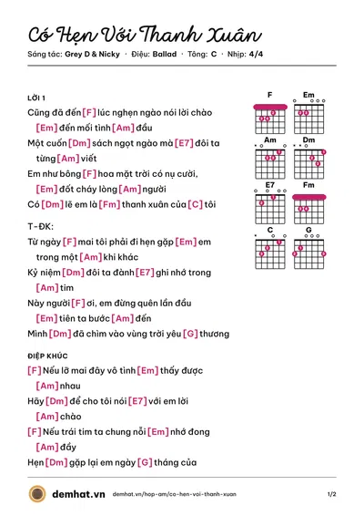 Hợp âm Có Hẹn Với Thanh Xuân (MONSTAR) – bản nhạc PDF trang 1, tông C