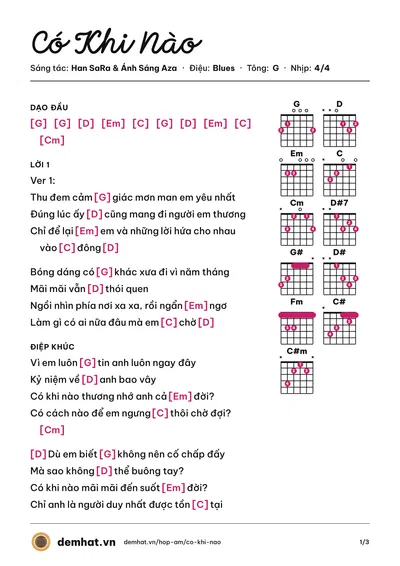 Hợp âm Có Khi Nào (Han SaRa) – bản nhạc PDF trang 1, tông G