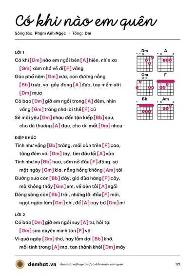 Hợp âm Có khi nào em quên (Lê Hoàng Đức) – bản nhạc PDF trang 1, tông Dm