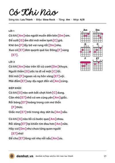 Hợp âm Có Khi Nào (Lưu Thành) – bản nhạc PDF trang 1, tông Am