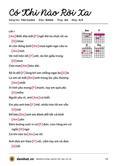 Hợp âm Có Khi Nào Rời Xa (Bích Phương) – bản nhạc PDF trang 1, tông Am