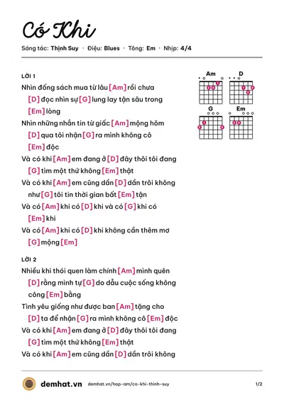 Hợp âm Có Khi (Thịnh Suy) – bản nhạc PDF trang 1, tông Em