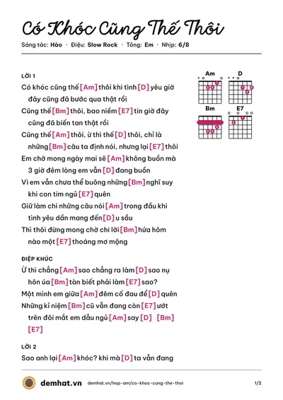 Hợp âm Có Khóc Cũng Thế Thôi (Hào) – bản nhạc PDF trang 1, tông Em