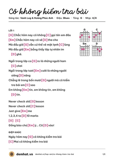 Hợp âm Cô không kiểm tra bài (Vanh Leg) – bản nhạc PDF trang 1, tông G