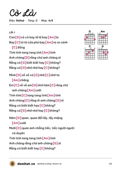 Hợp âm Cò Lả (Thu Huyền) – bản nhạc PDF trang 1, tông C