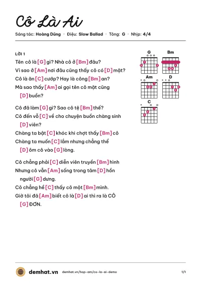 Hợp âm Cô Là Ai (Hoàng Dũng) – bản nhạc PDF trang 1, tông G