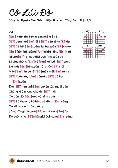 Hợp âm Cô Lái Đò (Ngọc Bảo) – bản nhạc PDF trang 1, tông Em