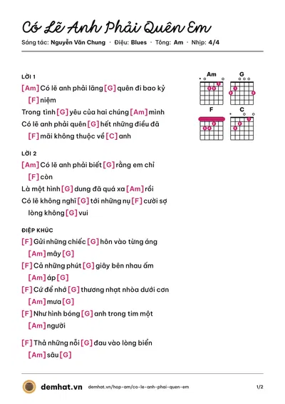 Hợp âm Có Lẽ Anh Phải Quên Em (Nam Cường) – bản nhạc PDF trang 1, tông Am