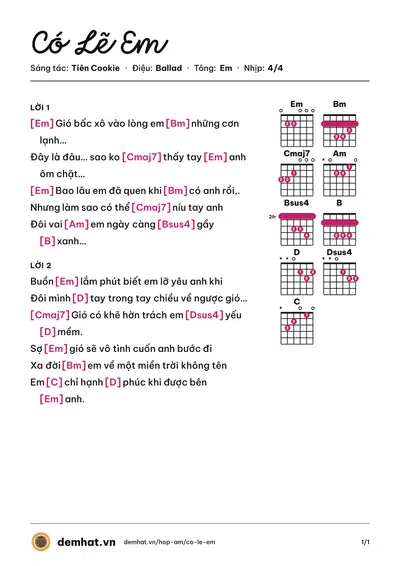 Hợp âm Có Lẽ Em (Bích Phương) – bản nhạc PDF trang 1, tông Em