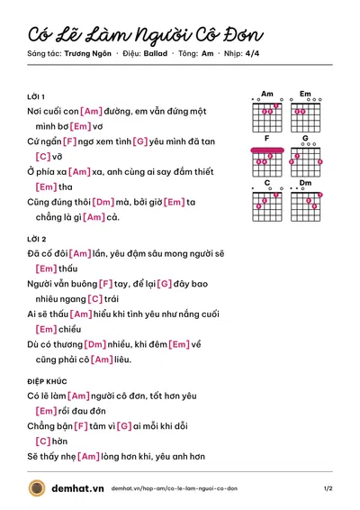 Hợp âm Có Lẽ Làm Người Cô Đơn (Thư Nhã) – bản nhạc PDF trang 1, tông Am