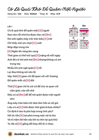 Hợp âm Có Lẽ Quá Khó Để Quên Một Người (1nG) – bản nhạc PDF trang 1, tông G