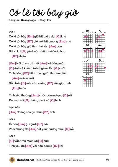 Hợp âm Có lẽ tôi bây giờ (Quang Ngọc) – bản nhạc PDF trang 1, tông Em