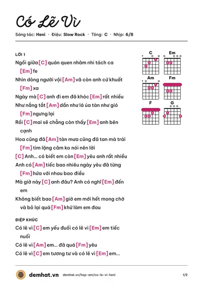 Hợp âm Có Lẽ Vì (Heni) – bản nhạc PDF trang 1, tông C