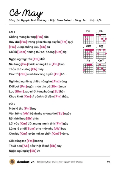 Hợp âm Cỏ May (Nguyễn Đình Chương) – bản nhạc PDF trang 1, tông Fm