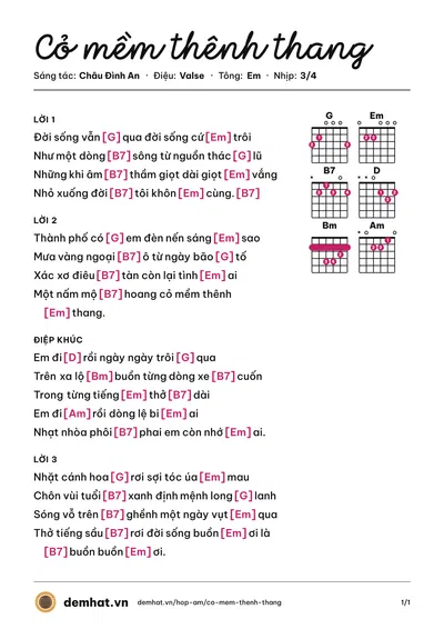 Hợp âm Cỏ mềm thênh thang (Châu Đình An) – bản nhạc PDF trang 1, tông Em