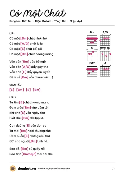 Hợp âm Có Một Chút (Phương Vy) – bản nhạc PDF trang 1, tông Bm