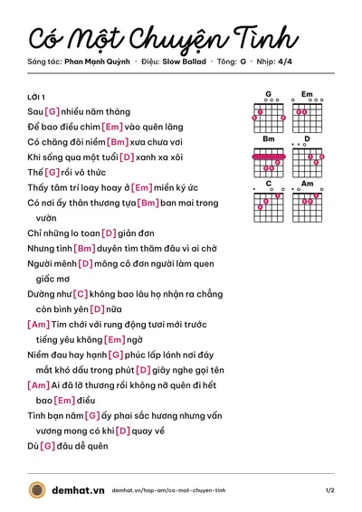 Hợp âm Có Một Chuyện Tình (Phan Mạnh Quỳnh) – bản nhạc PDF trang 1, tông G
