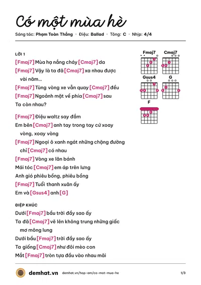 Hợp âm Có một mùa hè (Phạm Toàn Thắng) – bản nhạc PDF trang 1, tông C