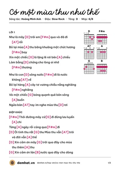 Hợp âm Có một mùa thu như thế (Hoàng Minh Anh) – bản nhạc PDF trang 1, tông D