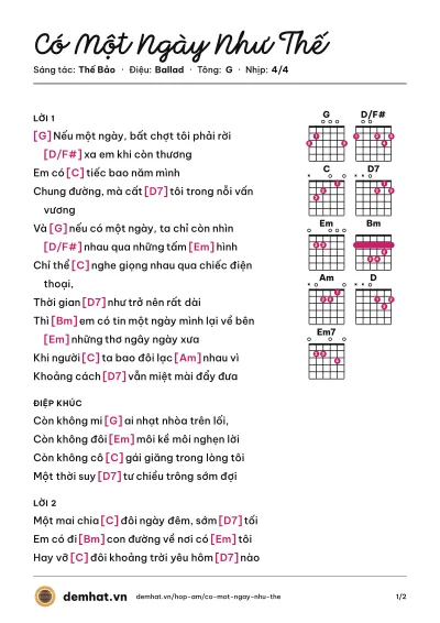Hợp âm Có Một Ngày Như Thế (Thế Bảo) – bản nhạc PDF trang 1, tông G