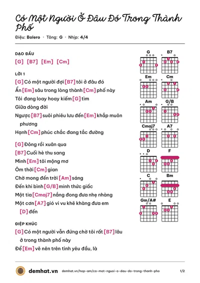 Hợp âm Có Một Người Ở Đâu Đó Trong Thành Phố (Juky San) – bản nhạc PDF trang 1, tông G