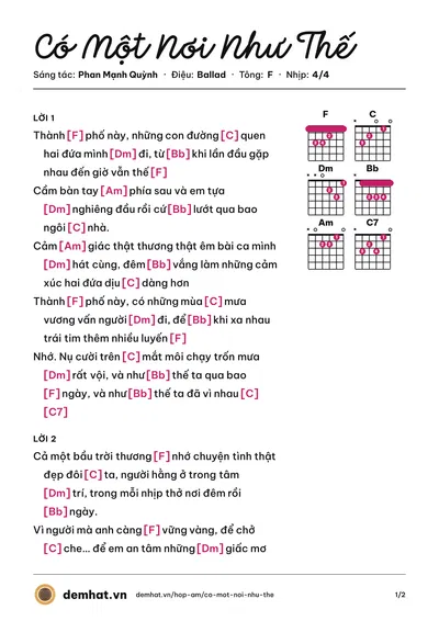 Hợp âm Có Một Nơi Như Thế (Phan Mạnh Quỳnh) – bản nhạc PDF trang 1, tông F
