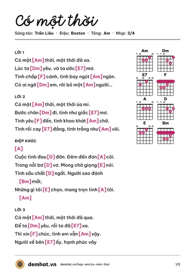 Hợp âm Có một thời (Anh Kim) – bản nhạc PDF trang 1, tông Am