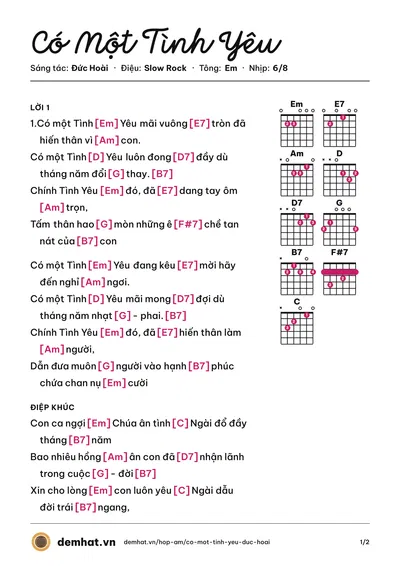 Hợp âm Có Một Tình Yêu (Phương Trần) – bản nhạc PDF trang 1, tông Em