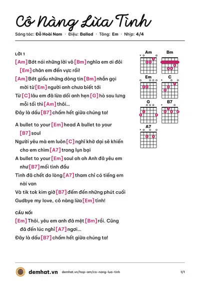 Hợp âm Cô Nàng Lừa Tình (Đỗ Hoài Nam) – bản nhạc PDF trang 1, tông Em