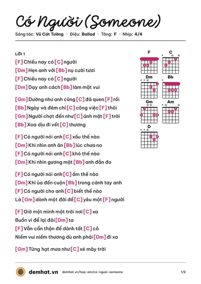Hợp âm Có Người (Someone) (Vũ Cát Tường) – bản nhạc PDF trang 1, tông F