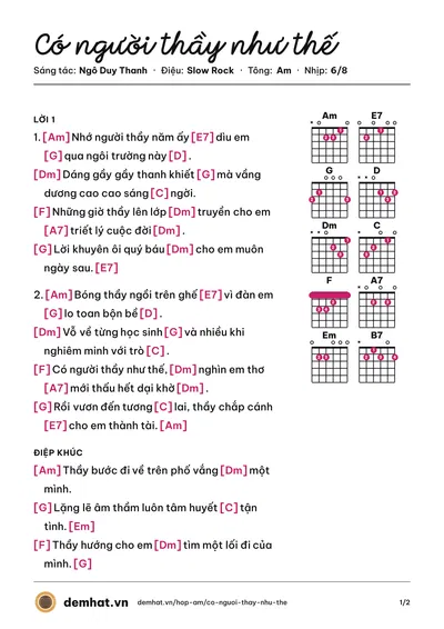 Hợp âm Có người thầy như thế (Huỳnh Lợi) – bản nhạc PDF trang 1, tông Am