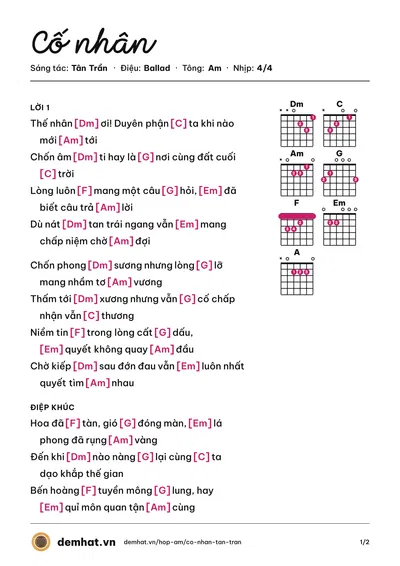 Hợp âm Cố nhân (Tân Trần) – bản nhạc PDF trang 1, tông Am