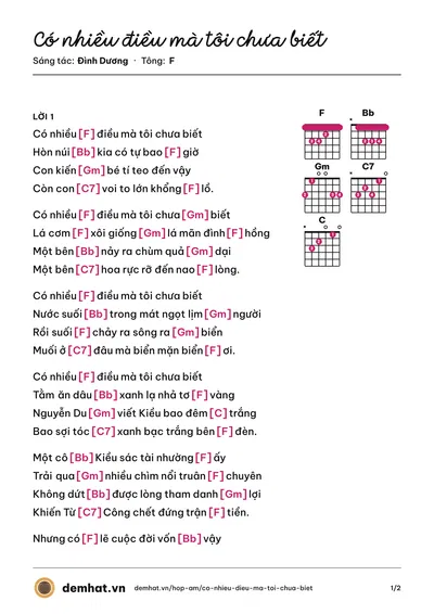 Hợp âm Có nhiều điều mà tôi chưa biết (Đình Dương) – bản nhạc PDF trang 1, tông F