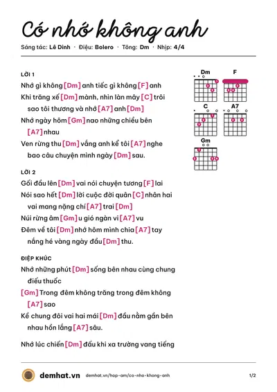 Hợp âm Có nhớ không anh (Hằng Phạm) – bản nhạc PDF trang 1, tông Dm