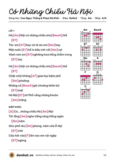 Hợp âm Có Những Chiều Hà Nội (Nguyễn Ngọc Thức) – bản nhạc PDF trang 1, tông Am