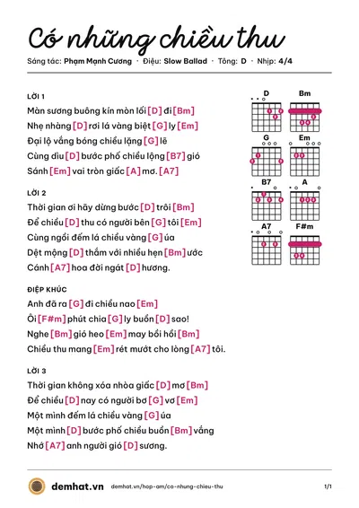 Hợp âm Có những chiều thu (Hoài Mỹ) – bản nhạc PDF trang 1, tông D