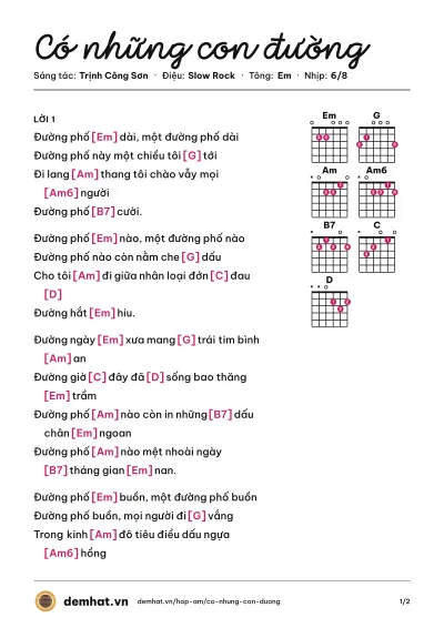 Hợp âm Có những con đường (Thái Hòa) – bản nhạc PDF trang 1, tông Em