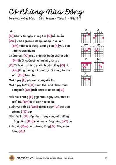 Hợp âm Có Những Mùa Đông (Hoàng Dũng) – bản nhạc PDF trang 1, tông C
