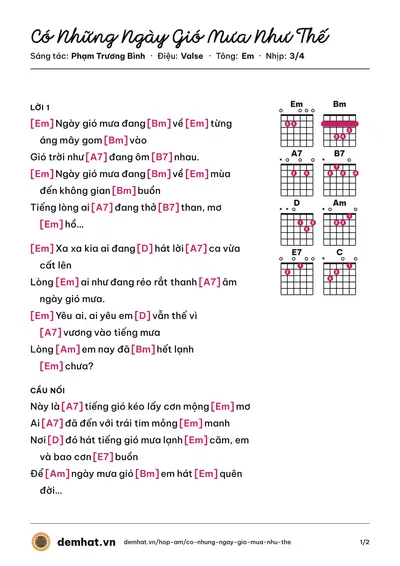 Hợp âm Có Những Ngày Gió Mưa Như Thế (Phạm Trương Bình) – bản nhạc PDF trang 1, tông Em