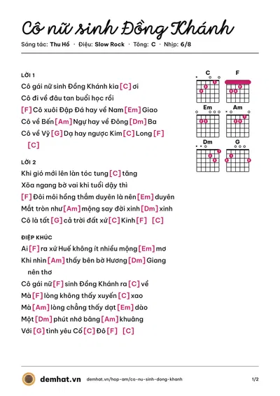 Hợp âm Cô nữ sinh Đồng Khánh (Ngọc Hạ) – bản nhạc PDF trang 1, tông C
