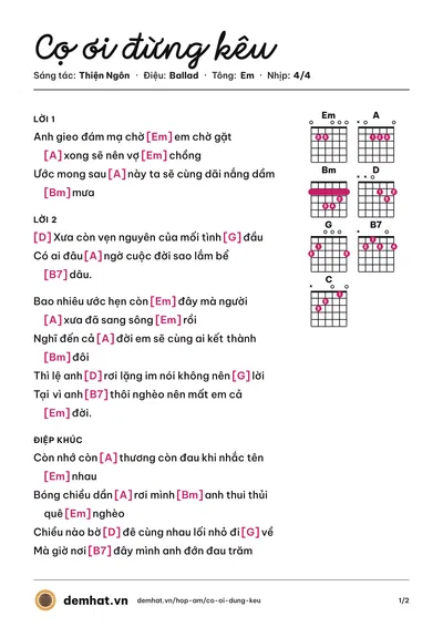 Hợp âm Cọ ơi đừng kêu (Phan Danh) – bản nhạc PDF trang 1, tông Em